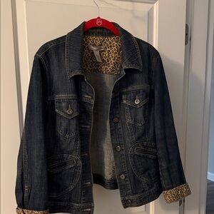 Chico's Dark Blue Denim Jacket with Leopard Lining